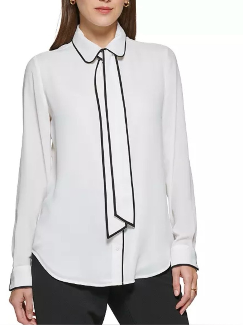 DKNY White Long-Sleeve Tie-Neck Blouse with Black Piping Trim
